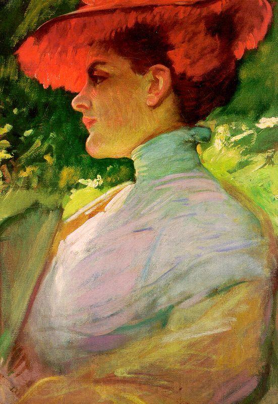 Frank Duveneck Lady With a Red Hat Norge oil painting art